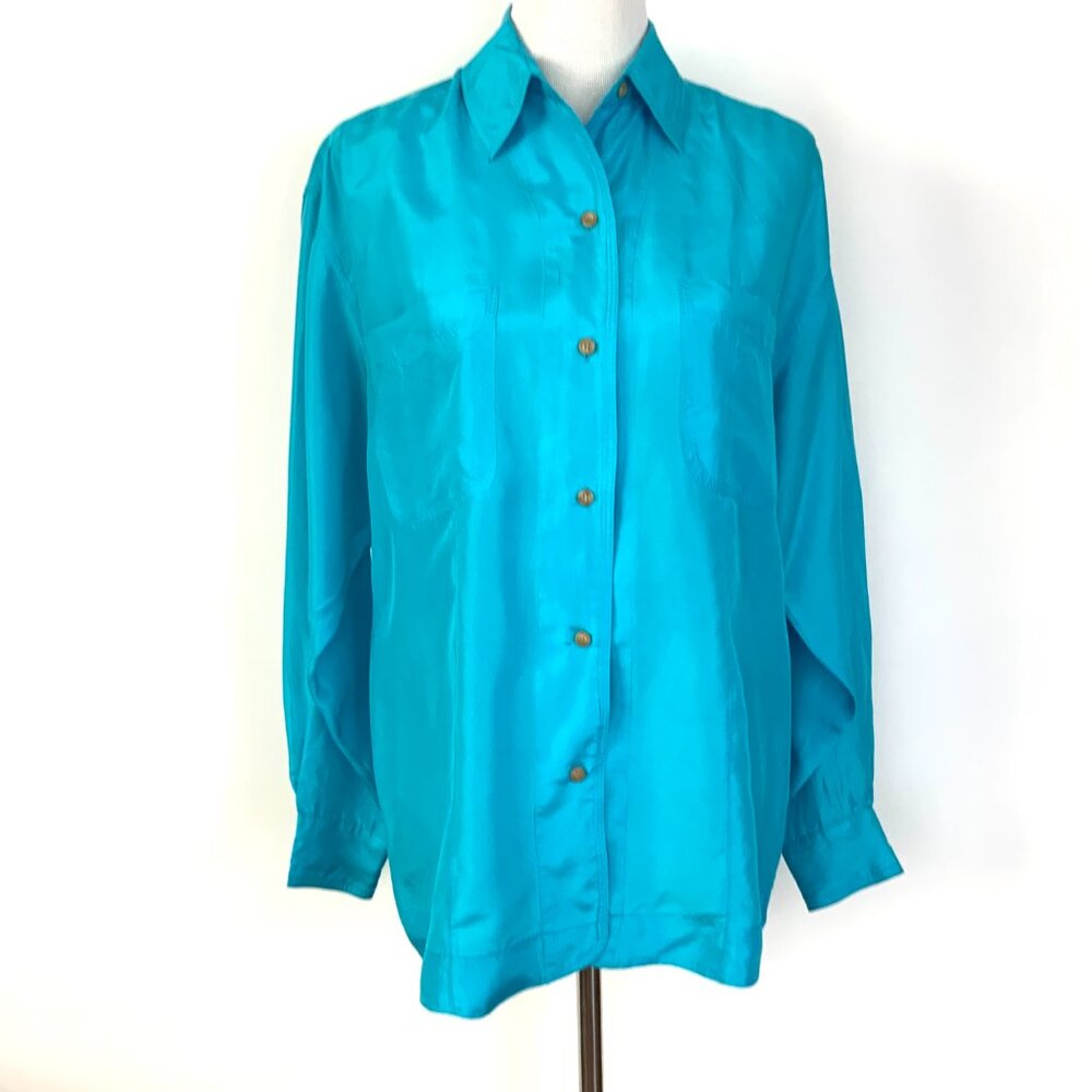 Vintage 90s Silk Oversized Button-Up Turquise Shirt from Details Express Sz M